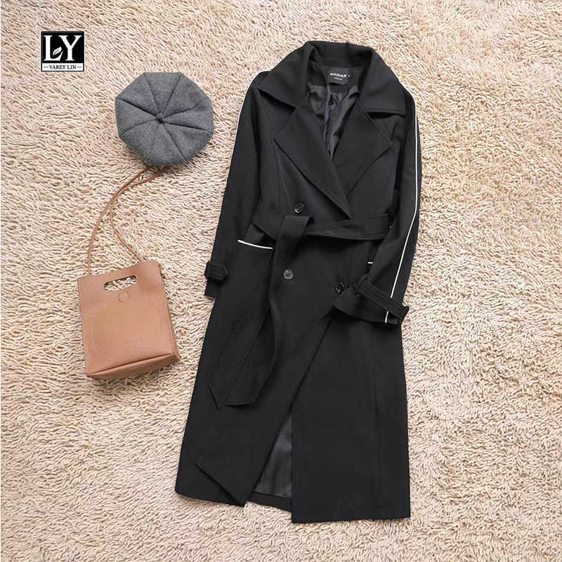 

Ly Varey Lin Women Spring Autumn Double Breasted Turn Down Collar Mid-long Trench Coat Business Vintage Windbreaker Outwear 210526, Black