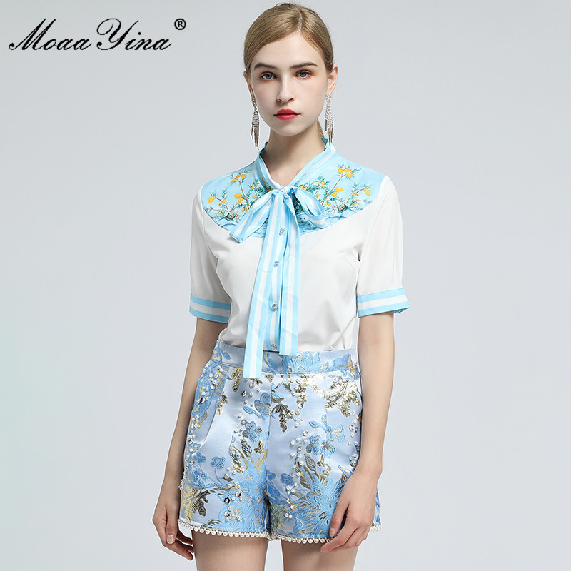 

Fashion Designer Set Spring Women Short Sleeve Print Blouses Tops+Jacquard Beading Shorts Two-piece suit 210524, Blue