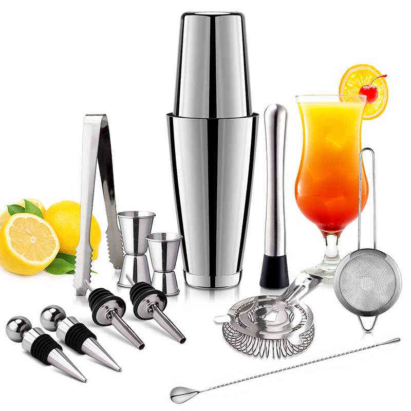 

NXY Bar Tools 13Pcs Set Stainless Steel Cocktail Shaker Ice Tong Mixer Drink Boston tender Browser Kit s Professional Tool 220209