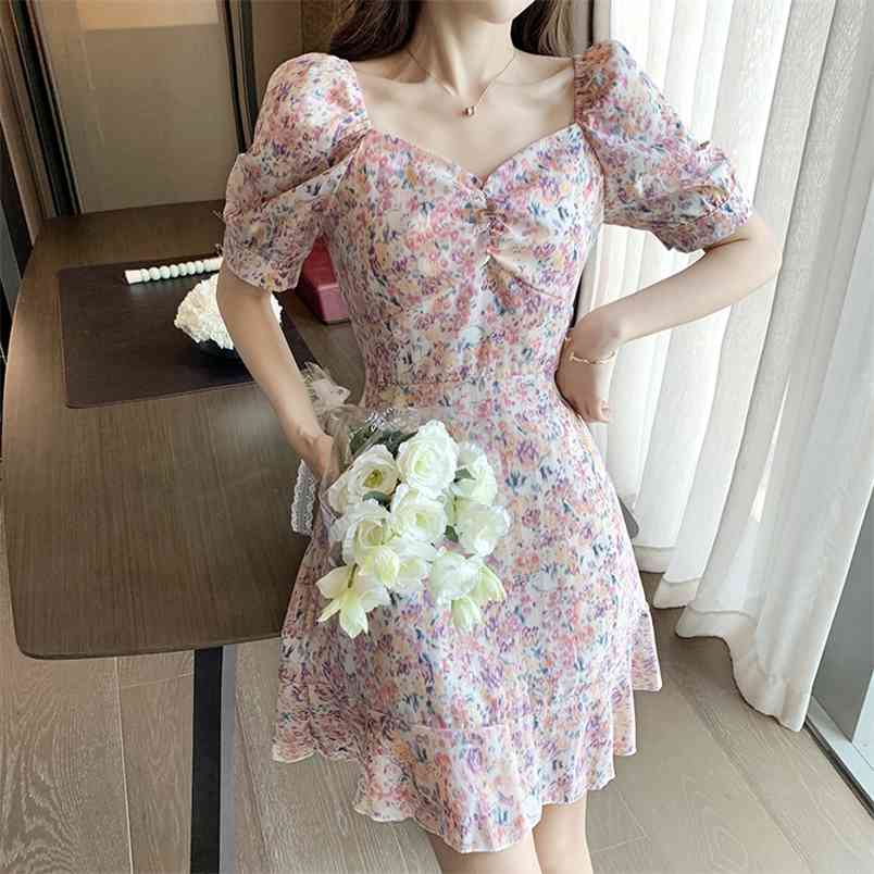 

Summer Vintage Flroal Print Chiffon Beach Dress Vestidos Elegant V-Neck Puff Sleeve Party Female 210519, Photo color