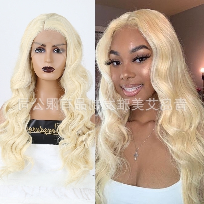 

curly Wig female long hair 613 gold big wave front lace wig Headcover, Blonde