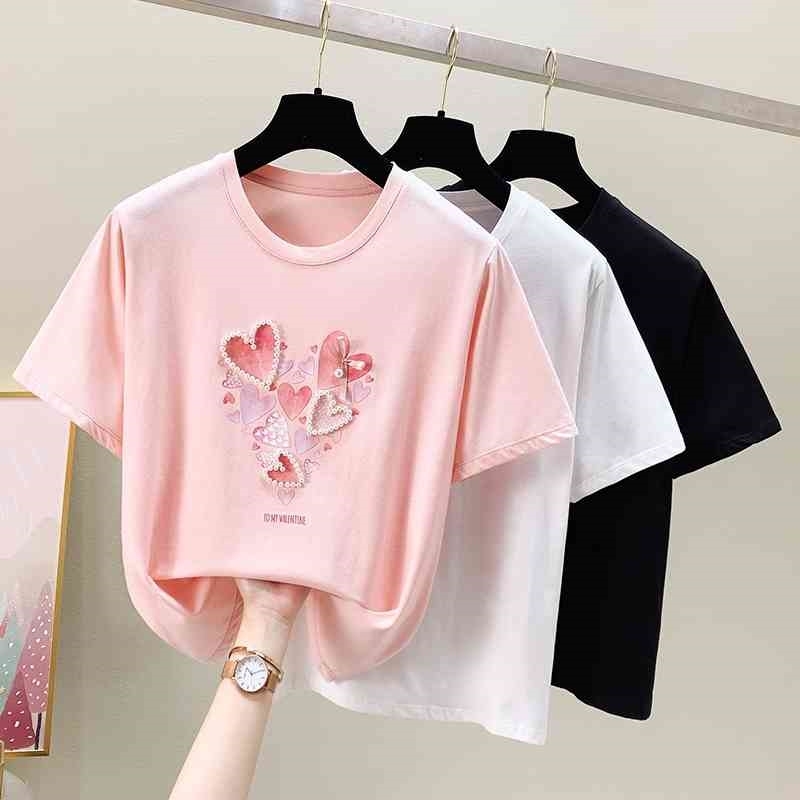 

Summer Harajuku T Shirt Women Korean Fashion Tshirt Girls Short Sleeve Beading Love Print Tee Shirt Femme Tops Pink 210604, Black