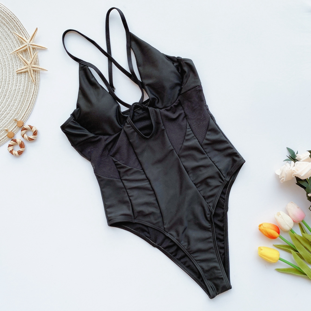 

V-Bar Underwire One Piece Swimsuit Women 2021 Sexy Mesh Patchwork Swimwear Push Up Monokini Bathing Suits Summer Beach Wear Swimswimwear Bat