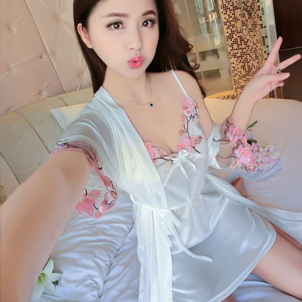 

Pajamas women's summer spring autumn thin short sleeve two piece bathrobe silk ice sexy suspender Nightgown home wear