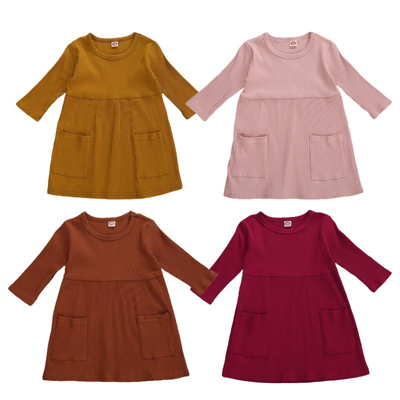 

Girl's Dresses Kids Dress Solid Color Round Neck Three Quarter Sleeve One-Piece For Girls 100% Cotton Ribbed Gown, Red;yellow
