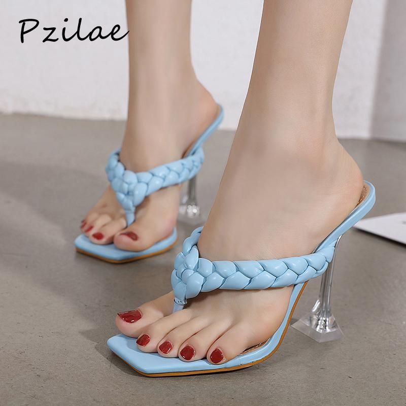 

Pzilae Fashion Shoes Ladies Slipper Women Handmade Braid Slip On Slides Crystal Heel Party Dress Sandals Square Toe Flip Flops Slippers, Black