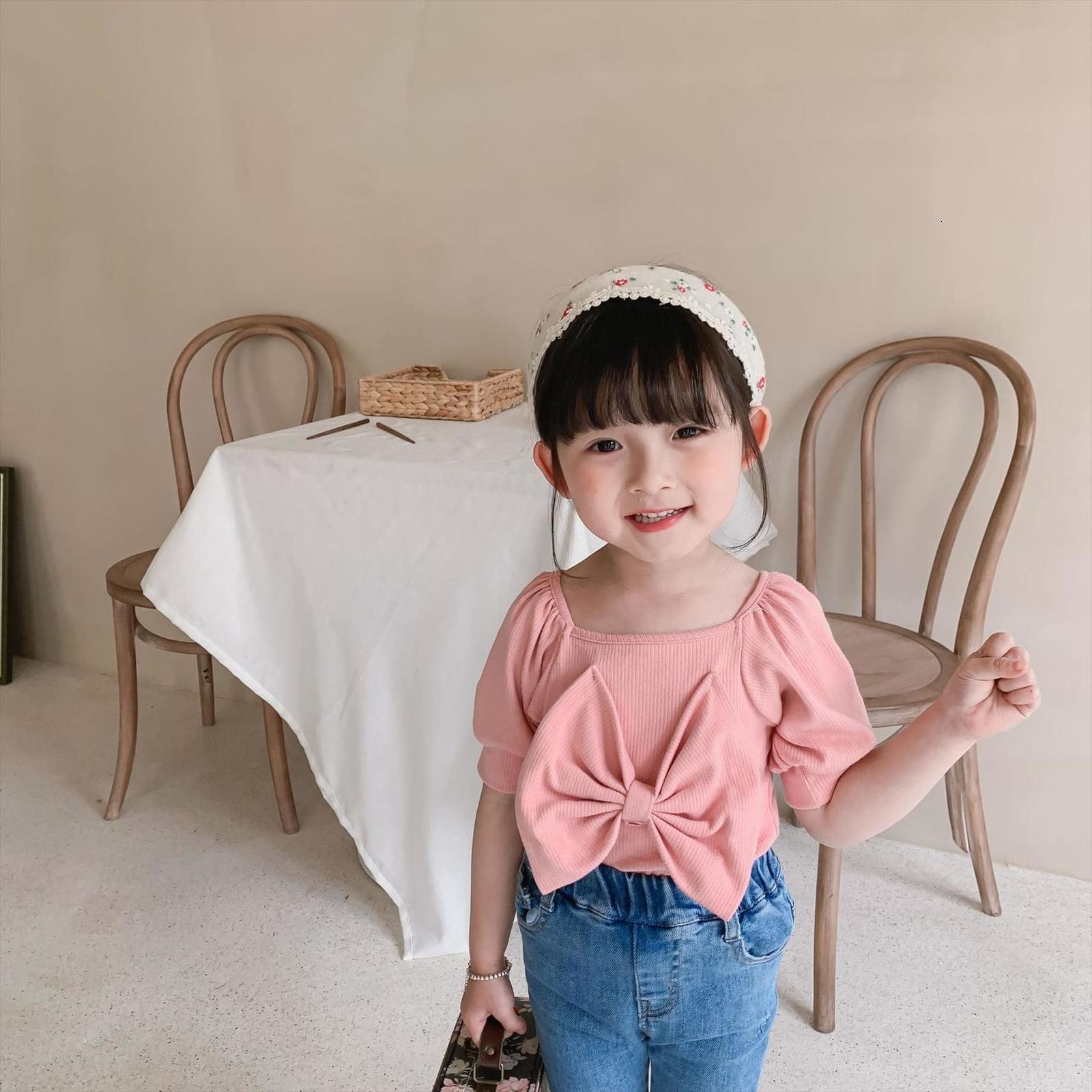 

summer baby girls cute big bowknot square collar short sleeve t shirts cotton 3 colors puff tees, Blue