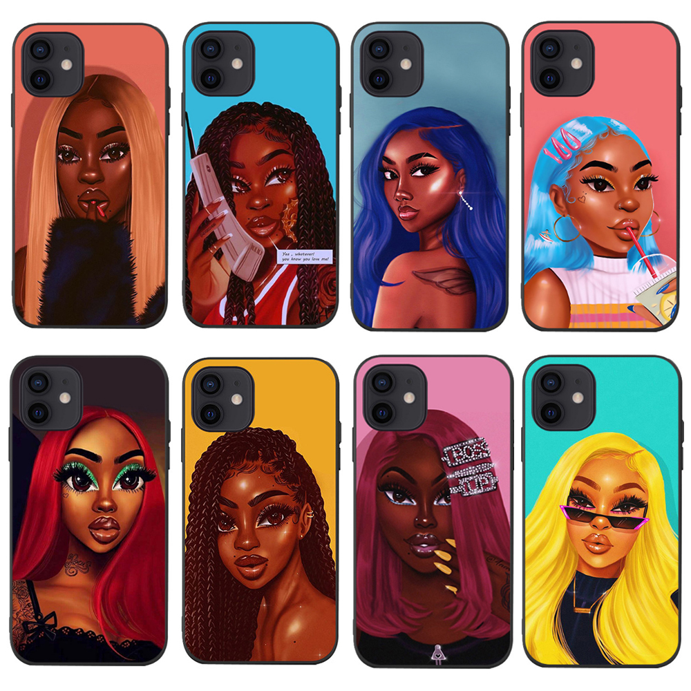 

Phone Cases For iPhone 12 Mini 11 Pro X XS XR Max 13 6 6s 7 8 Plus Fashion Black Girl Soft TPU bumper Cover, #3