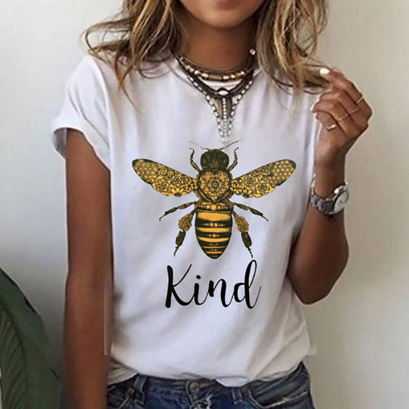 

2021 Summer Women's Bee Print Short Sleeve Printed Round Neck T-Shirt, White
