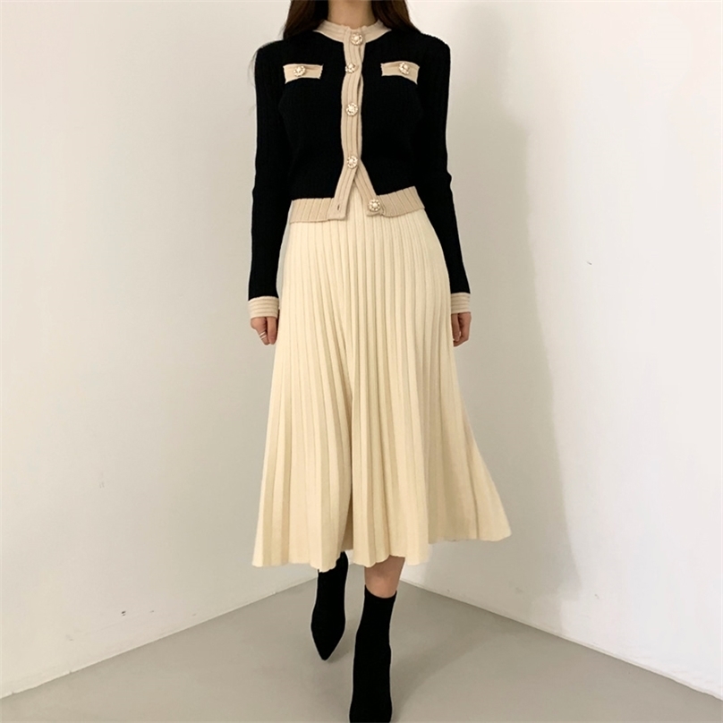 

Women Vintage Two Piece Set Autumn Winter Knit Cardigan Coat And A Line Skirt Sweater Outfit Ladies Elegant Office 2 Pcs 210525
