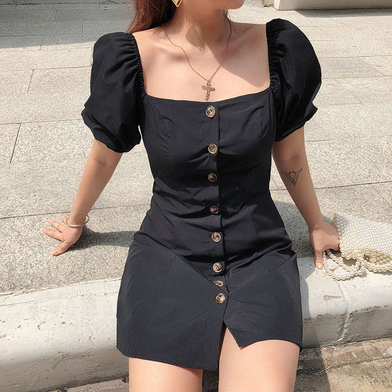 

Casual Dresses women' Summer single breasted bubble sleeve palace style waist slim dress, Black