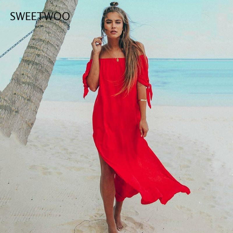 

Summer Women' Style Long Skirt Beach Dress Cover Ruffled Off-Shoulder Holiday Solid Color Up Skir Swimwear, Red