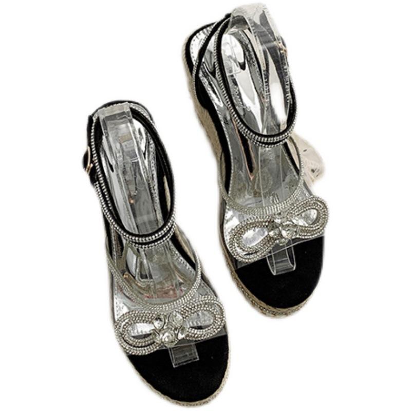 

Slippers Wedges Shoes For Women High Heels Sandals Summer Crystyal Bowknot Chaussures Ladies Platform Plus Size, Black