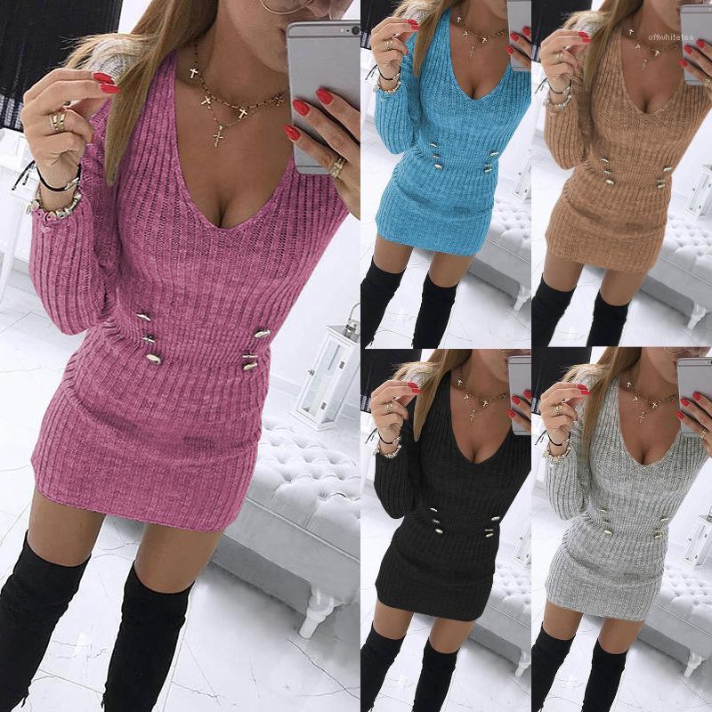 

Solid Color Mini Dresses Fashion Casual Slim Knitting Women Clothes Women Designer Sweater Dress V Neck, Black;gray