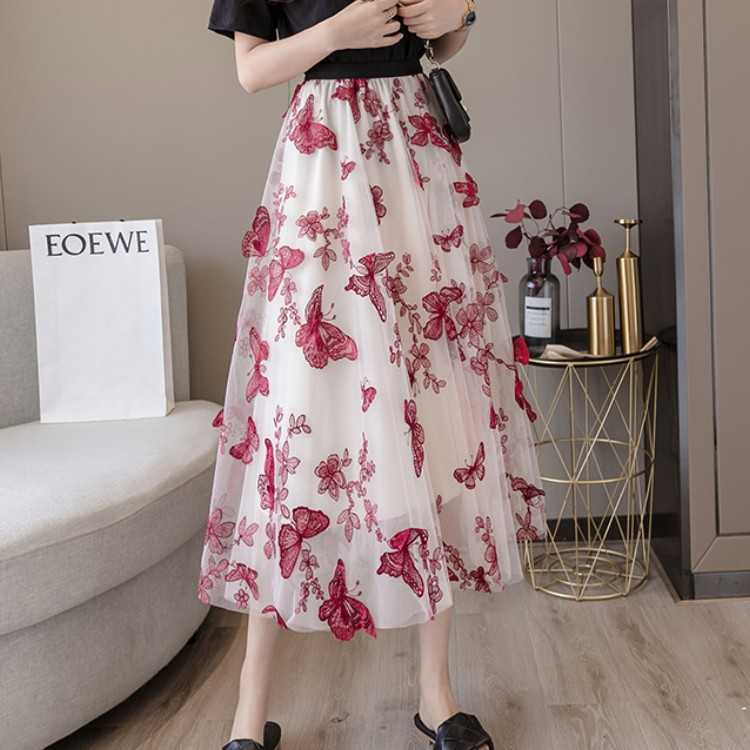 

Summer Streetwear Elastic waist 3D Butterfly embroidery flowers gauze skirt sexy Elegant Lady Midi Skirts 210526, Picture color