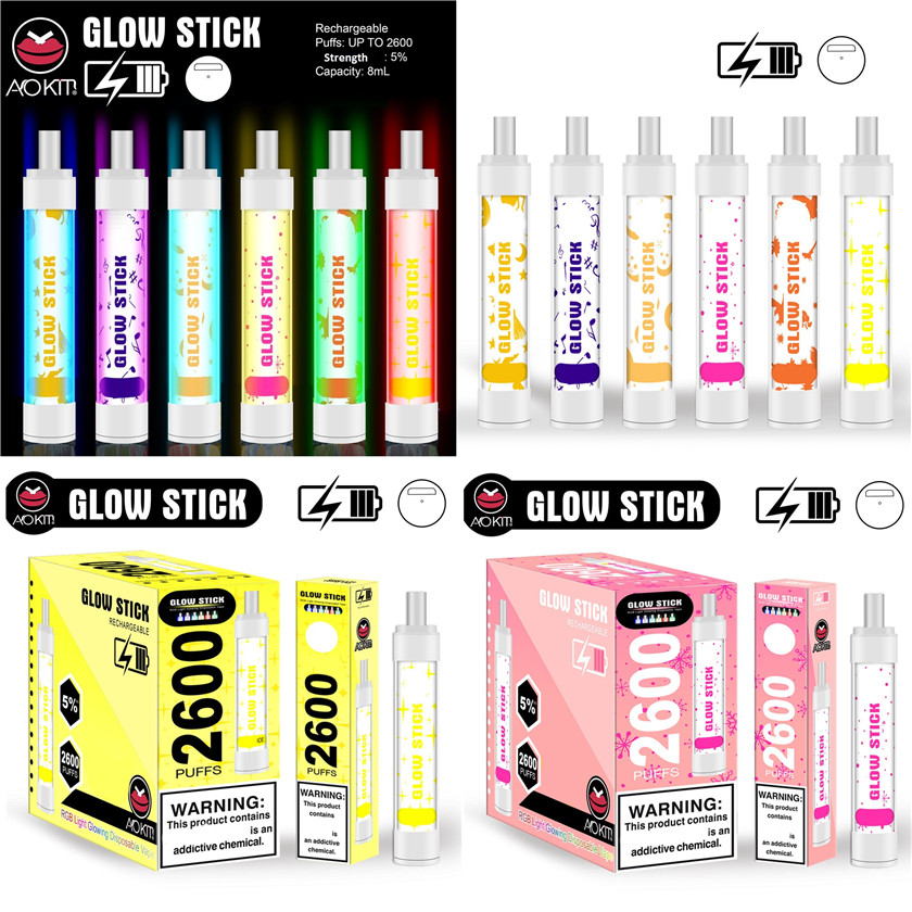 

Genuine Aokit Glow Stick Disposable Pod Device with RGB Light 2600 Puffs Rechargeable Vape Pen Stick 12 Colors Glowstick 100% Authentic