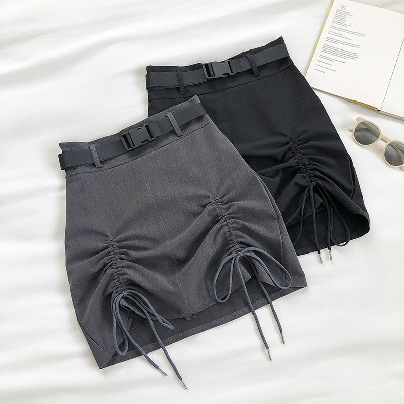 

Summer Women A-line Skirt Korean Empire Solid Office Lady Cute Above Knee A-Line High Waist Mini Skirts Drawstring Belt, Black
