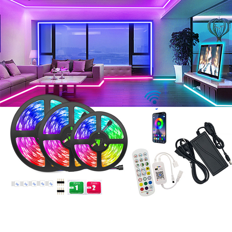 

LED Strip Light 16.4 32.8 50 66ft 5050RGB LEDs Lights 5 10 15 20m Safe Epoxy Strips WIFI Voice Bluthtooth Smart Phone APP Controller