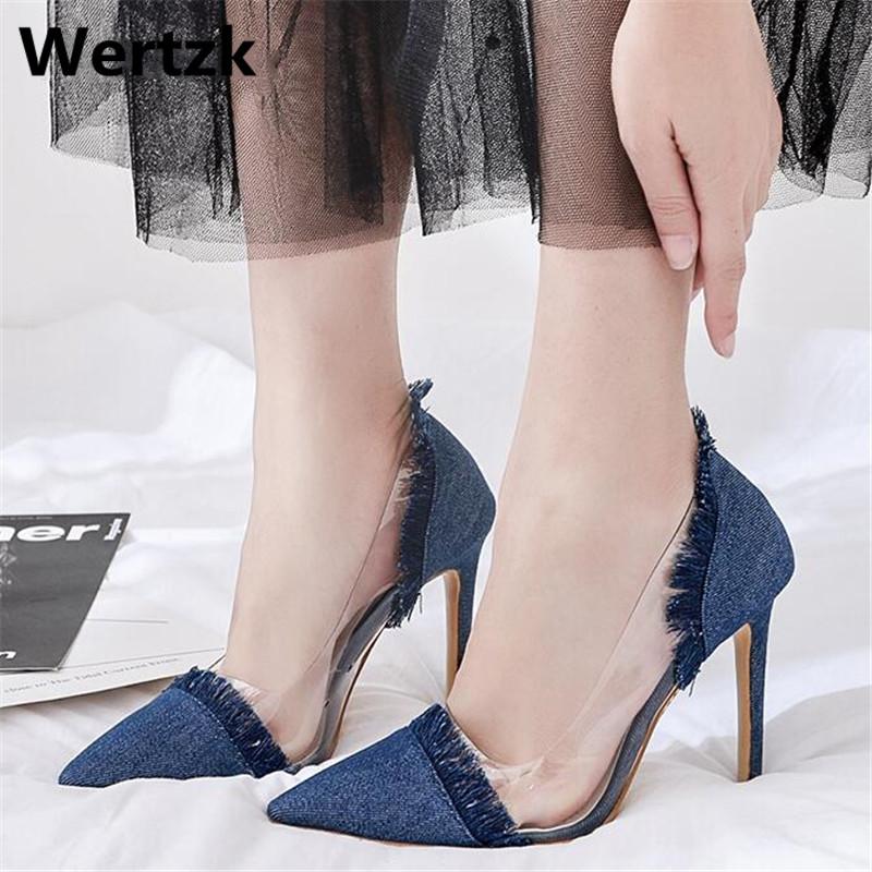

Dress Shoes Pointed Toe Slip-on Wedding Party For Lady Thin Heels Women Denim Pumps 2021 Transparent Super High Sexy L228, Blue