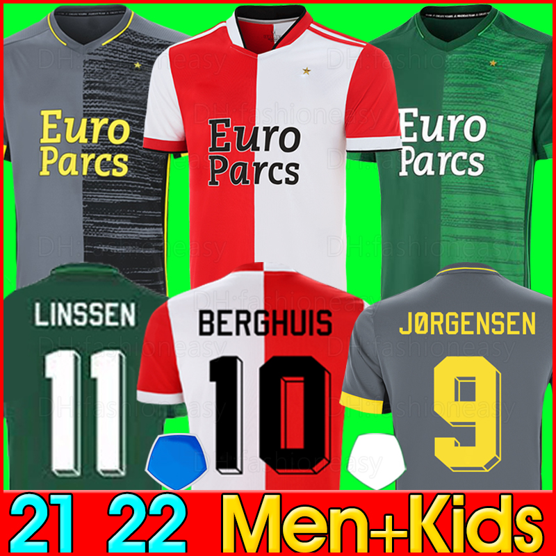 

FeyenoordS 21 22 BERGHUIS soccer jersey 2021 2022 JORGENSEN NARSINGH BOZENIK KOKCU TOORNSTRA FER home red away green Football shirt men kids kit set, 21 22 away kids