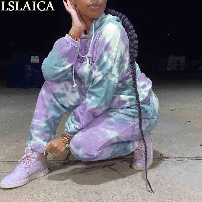 

Tracksuit Women Casual Loose Hooded Collar Straight Sleeve Two Piece Set Streetwear Printing Fashion Dresy Damskie 210520, Blue