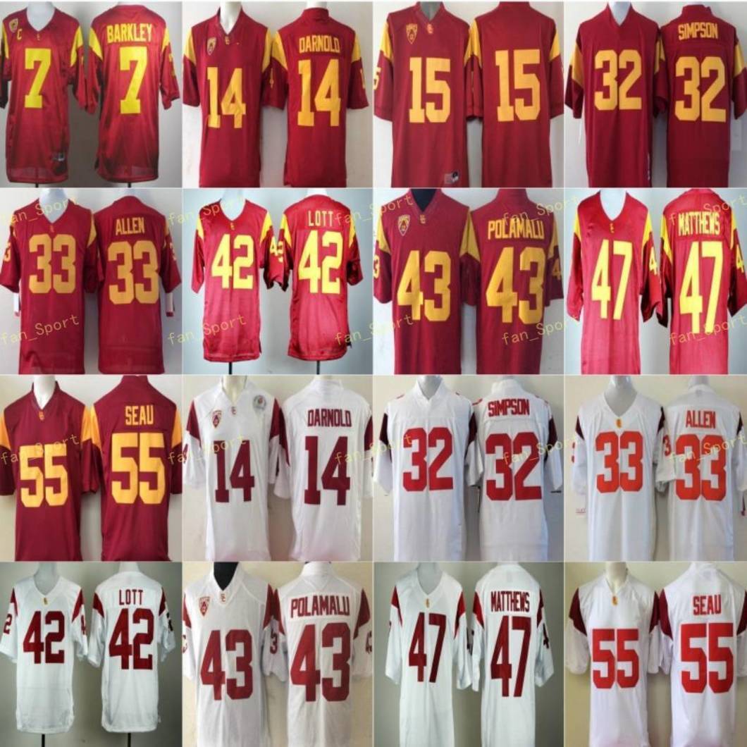 

USC Trojans Jersey Men 33 Marcus Allen 42 Ronnie Lott 55 Junior Seau 43 Troy Polamalu 47 Clay Matthews NCAA Football Jerseys College PAC Red, Black
