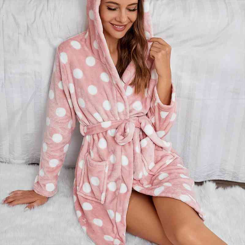 

Hoodied Robes For Women Winter Coral Fleece Long Sleeve Thicken Lace-up Flannel Polk Dot Womens Sleepwear Bathrobes Trendy, Black;red