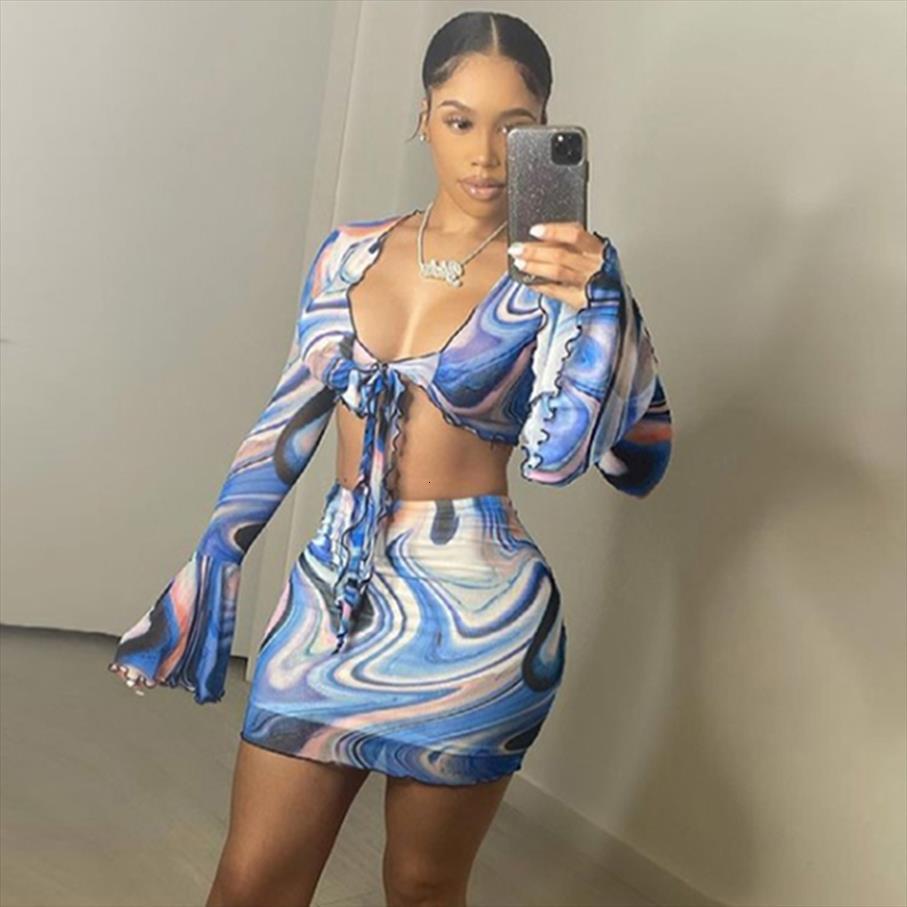 

summer mesh 2 piece womens tracksuits set aesthetic print low chest v neck mini skirt party clubwear beach, Gray