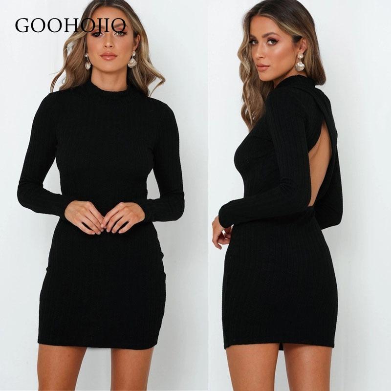 

Casual Dresses GOOHOJIO 2021 Spring Autumn Backless Long Sleeve Dress Women Solid Color Fashionable Ladies Temperament, Black