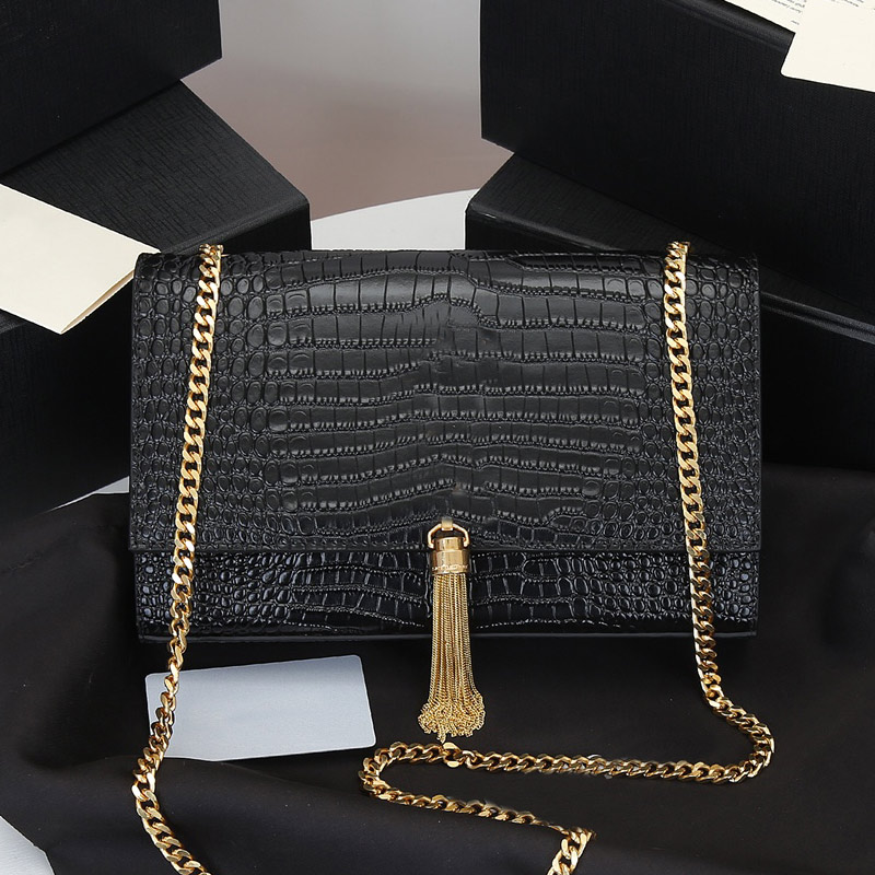 

Classic Flap Crossbody Tassel Bag Crocodile Pattern Chain Shoulder Bags Plain Purse Genuine Leather Multiple Colors High Quality