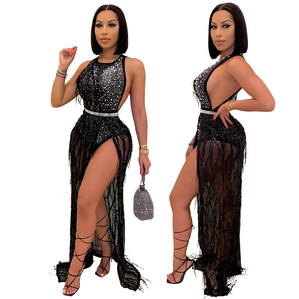 

Womens Designer Dress Sleeveless Mid Waist Rhinestone Black Long Dress Summer Sexy Panelled Fashion Party Dress, Black;gray