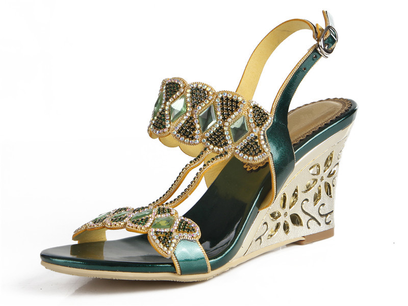 

Sandals High Wedge Heels Crystals Women Dress Open Toe Buckle Strap Heeled Prom Evening Wedding Party Summer 91G5, Green