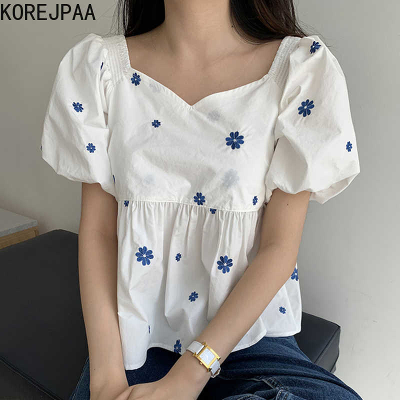 

Korejpaa Women Shirt Summer Korean Chic Girls Age-Reducing Embroidered Floral V-Neck Loose Ruffled Puff Sleeve Doll Blouses 210526, White