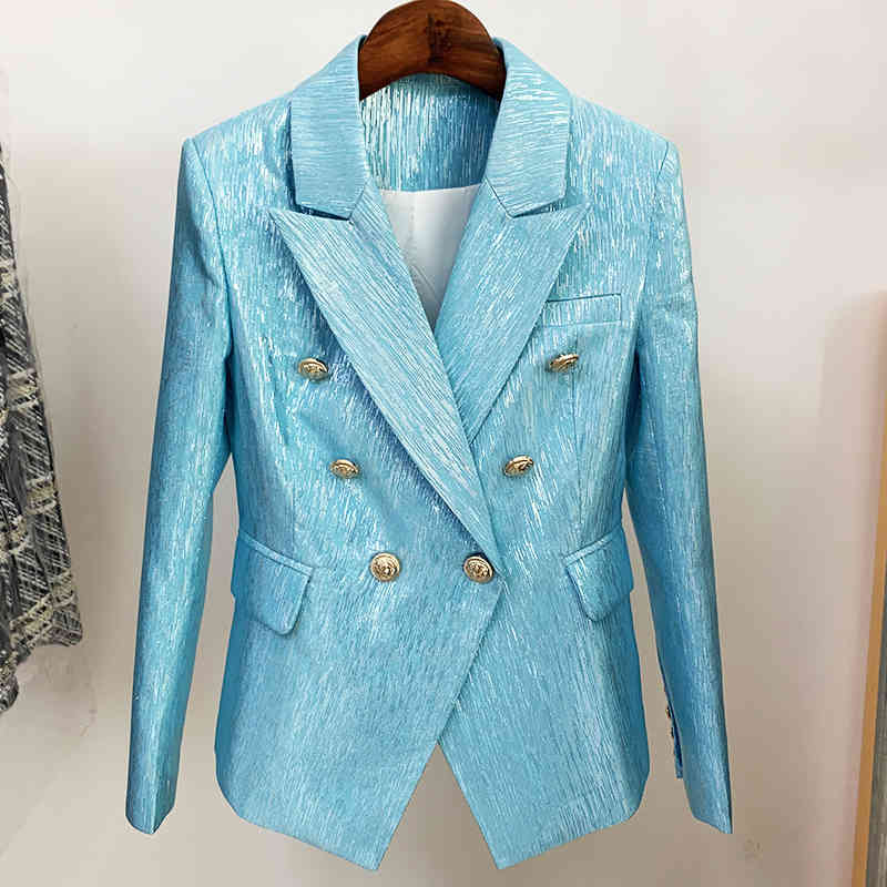

HIGH STREET est Designer Jacket Women' Double Breasted Lion Buttons Slim Fitting Glitter Blazer 210521, Gold