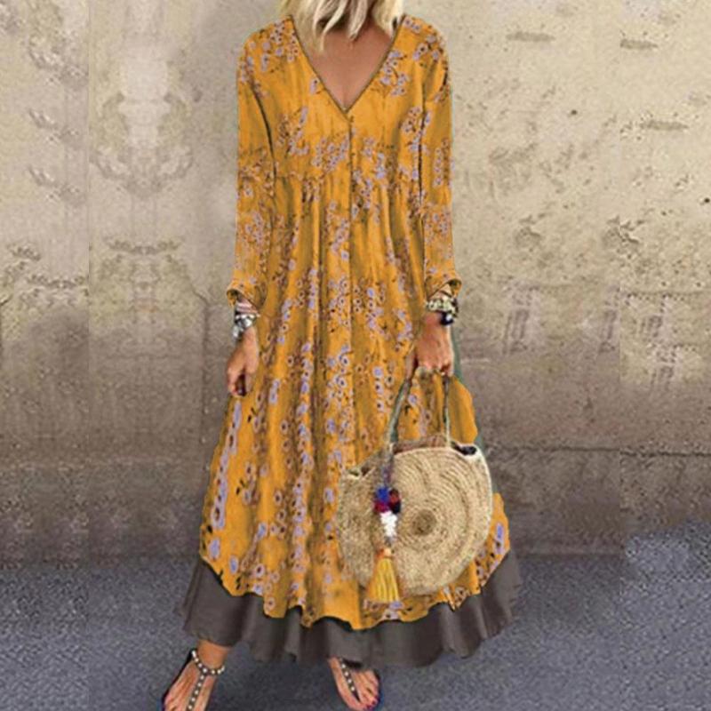 Robes décontractées Vintage femmes Robe grande taille élégante col en v à manches longues Maxi ample imprimé fleuri Robe Longue femme