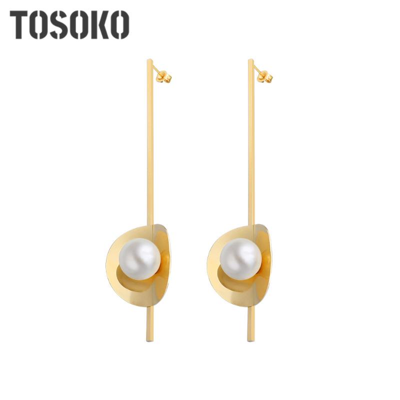 

Stud TOSOKO Stainless Steel Jewelry Exaggerated Round Piece Pearl Earrings Long Vertical Bar Women's Fashion BSF220, Golden;silver
