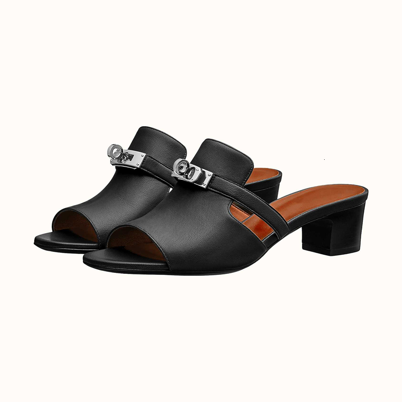 

slippers lock decor mid heels genuine leather fashion casual for women ladies high metal decoration summer shoes sandals size 35-4, Black