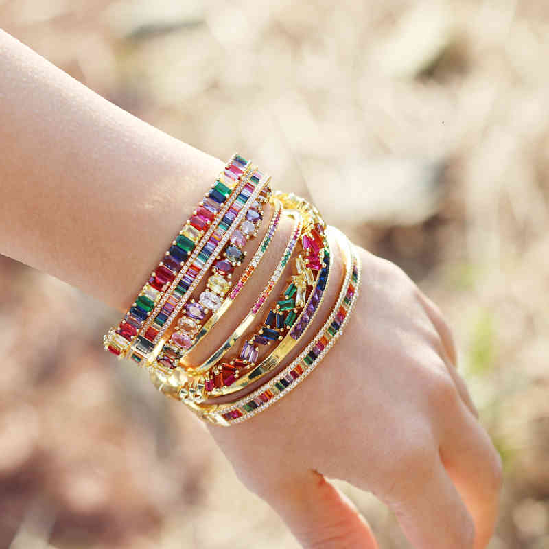 

Adjusted Gold Filled Rainbow Baguette Cz Bangles for Women Gilr Colorful Cubic Zirconia Bracelet Fashion Crystal Jewelry