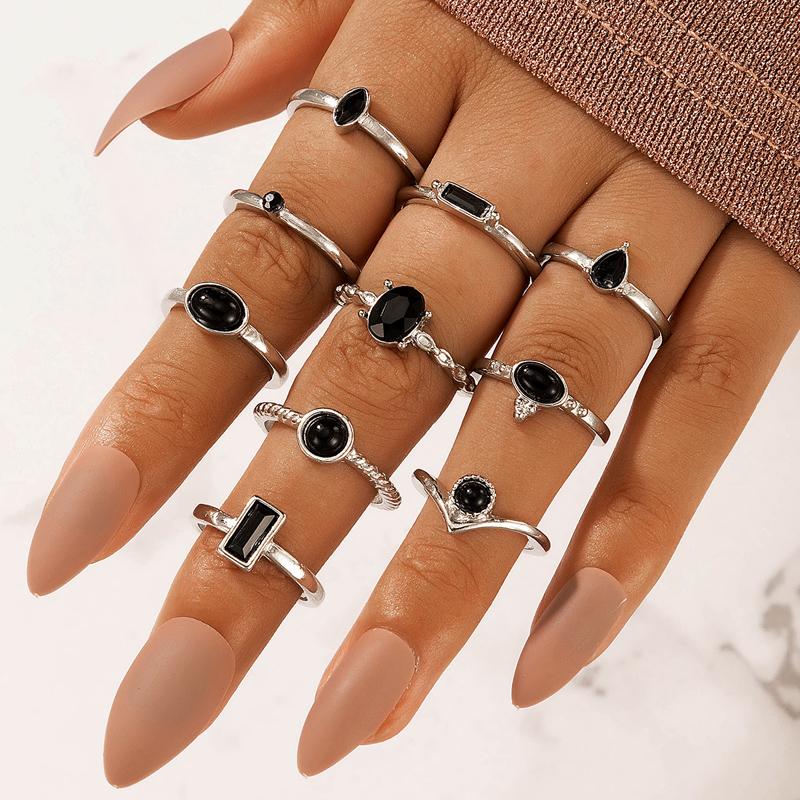 

Wedding Rings 10pcs/set Luxuey Rhinestone Finger For Women Trendy Black Dropping Oil Geometry Ring Set Lady Jewelry 19724