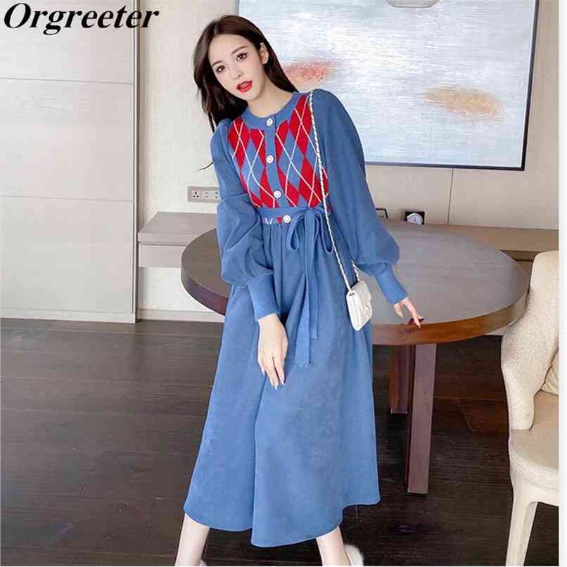 

Elegant Lady Hit color Diamond Knit Stitching A-line Knee-length Dress Pearl Button Lantern sleeve Sashes Casual 210602, Blue