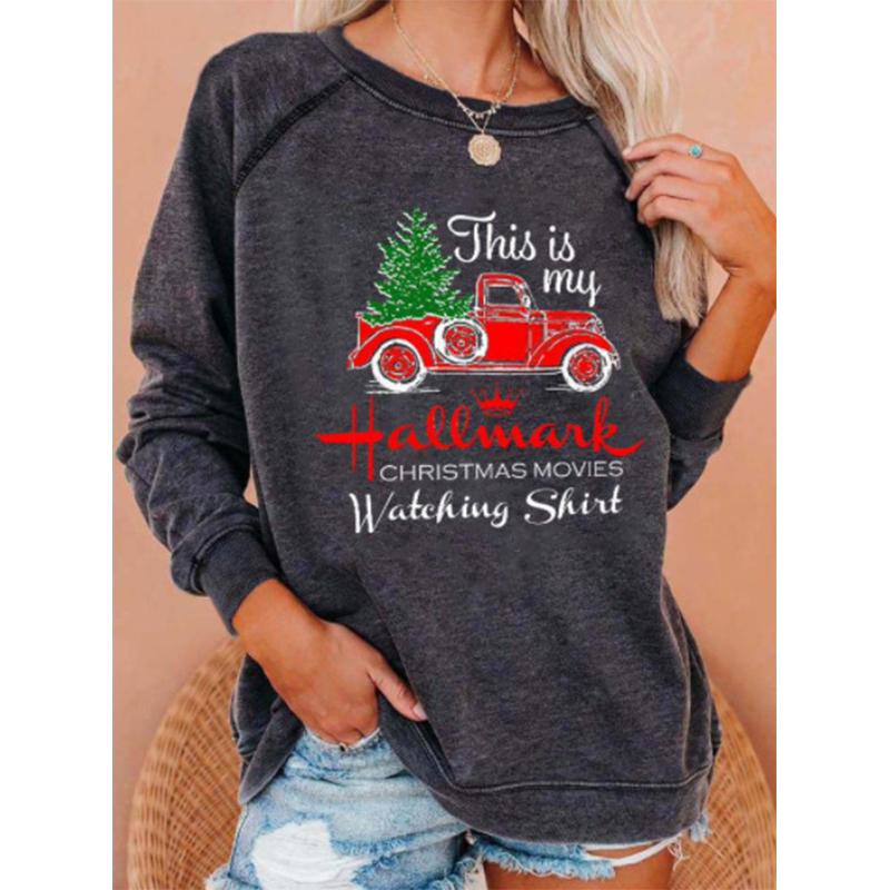 

Christmas print women's gray popular round neck long-sleeved sweater women's clothing, Black