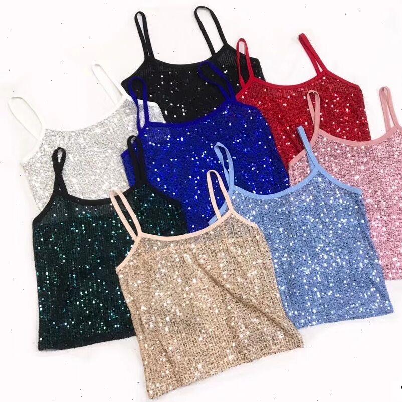 

sequined women camis shinning elasticity crop girls spring summer fashion sleeveless tanks for, White