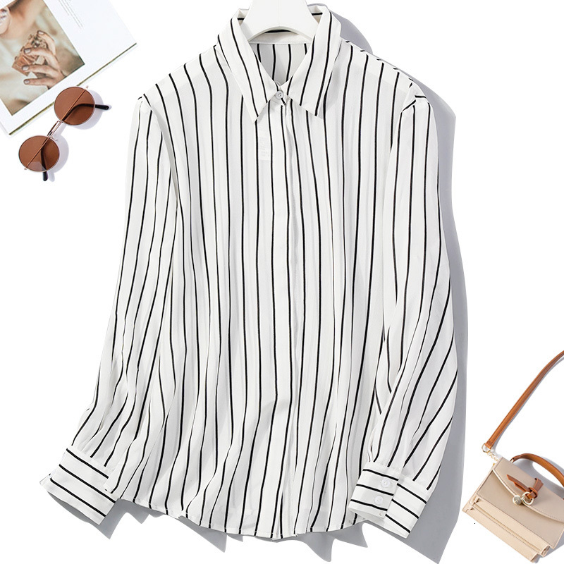 

blouses Women's 100% Mulberry Crepe Silk Fabric Stripes buttons down Collared Long Sleeve Shirt Top Blouse office work L  JN568, White