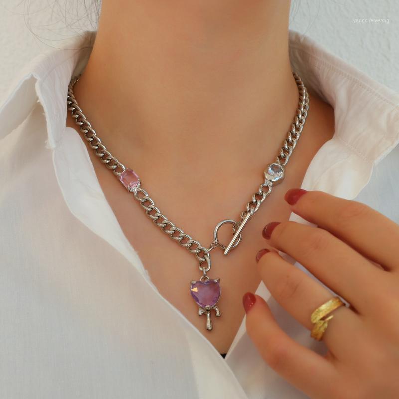 

Chains AENSOA Vintage Punk Silver Color Colorful Crystal Heart Pendant Necklace For Women Boho Cuban Chain Choker Necklaces Jewelry