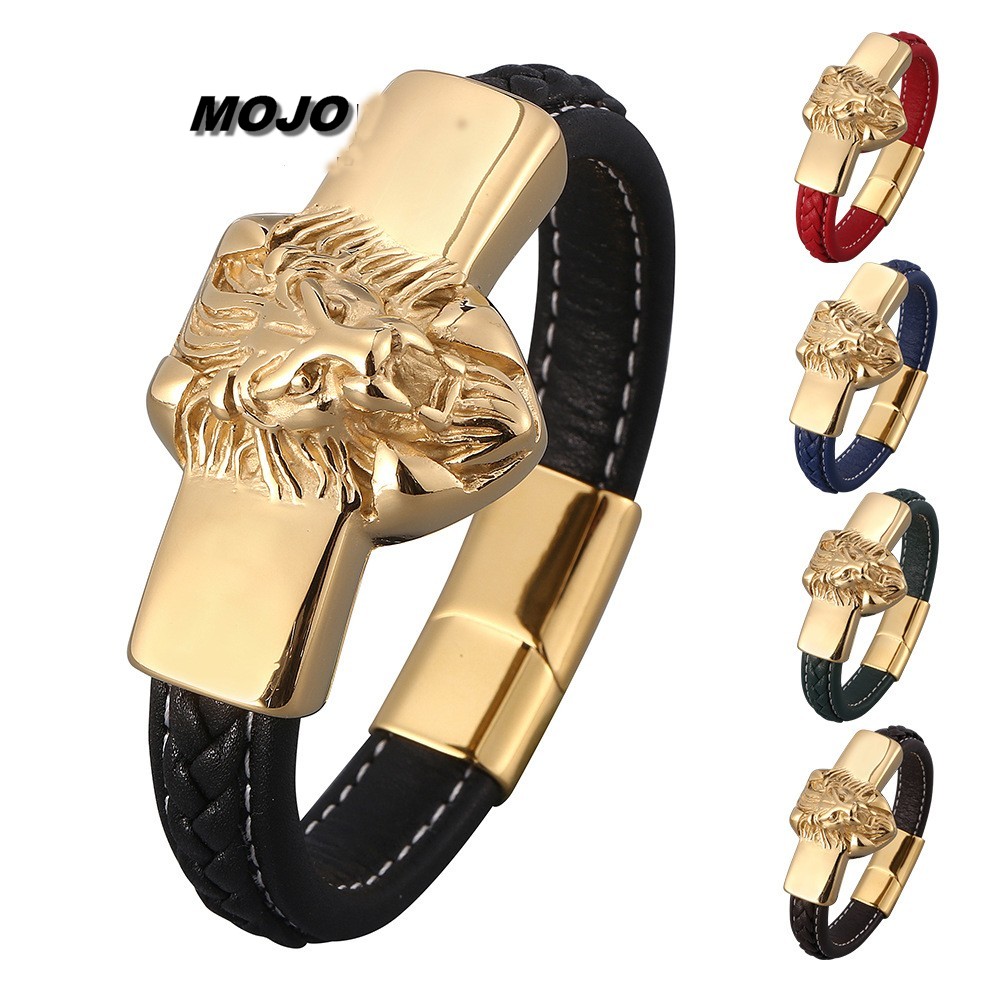 

Men's Steampunk 18K Gold Plated Stainless Steel Lion Head Charm Bracelet Magnetic Buckle Leather Bracelets