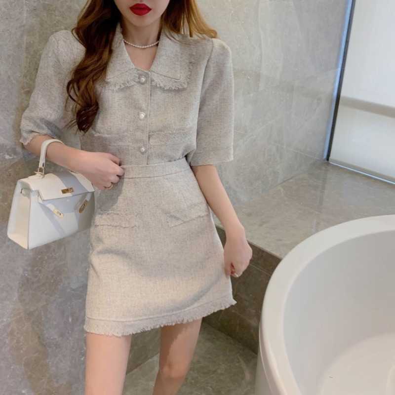 

Korea Two Piece Set Women Summer Elegant Fashion Tweed Lapel Short Sleeve Cardigan Top + High Waist A-Line Mini Skirt Suit 210526, Photo color