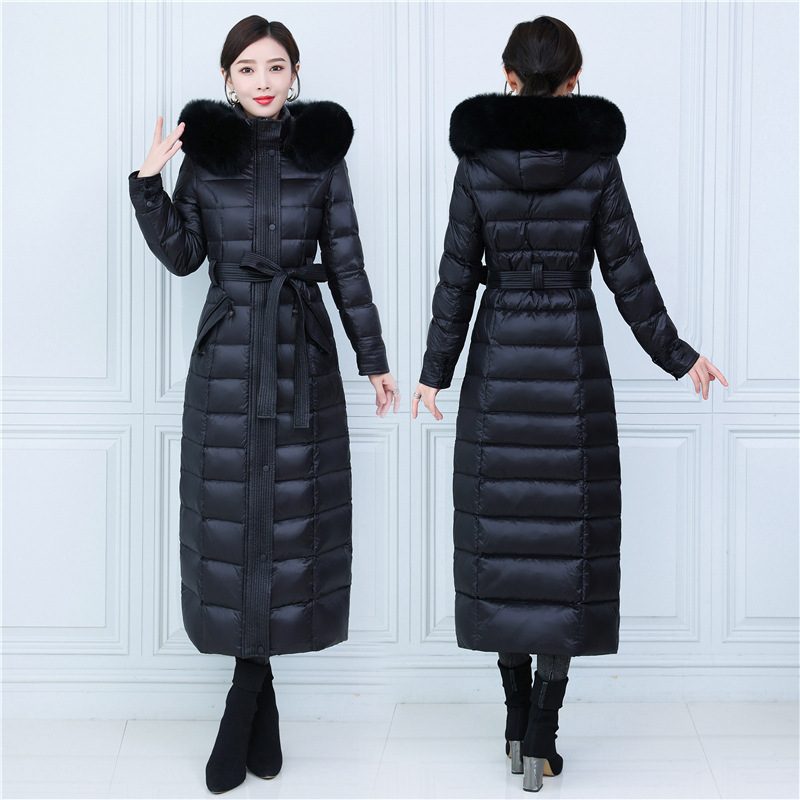 

extra long down jacket women winter coat white duck down parkas fox fur collar hooded warm outerwear overcoat plus size S-4XL black windbreakers, Red