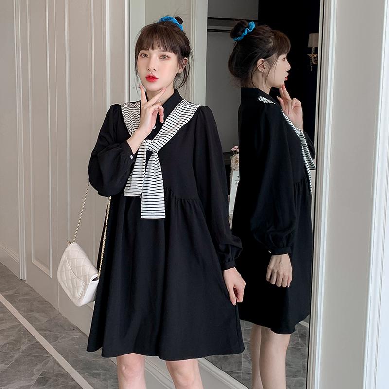 

Maternity Dresses 267# Dress Spring Autumn Black Turn Down Collar Long Sleeves Loose Stylish Pregnant Women Mom