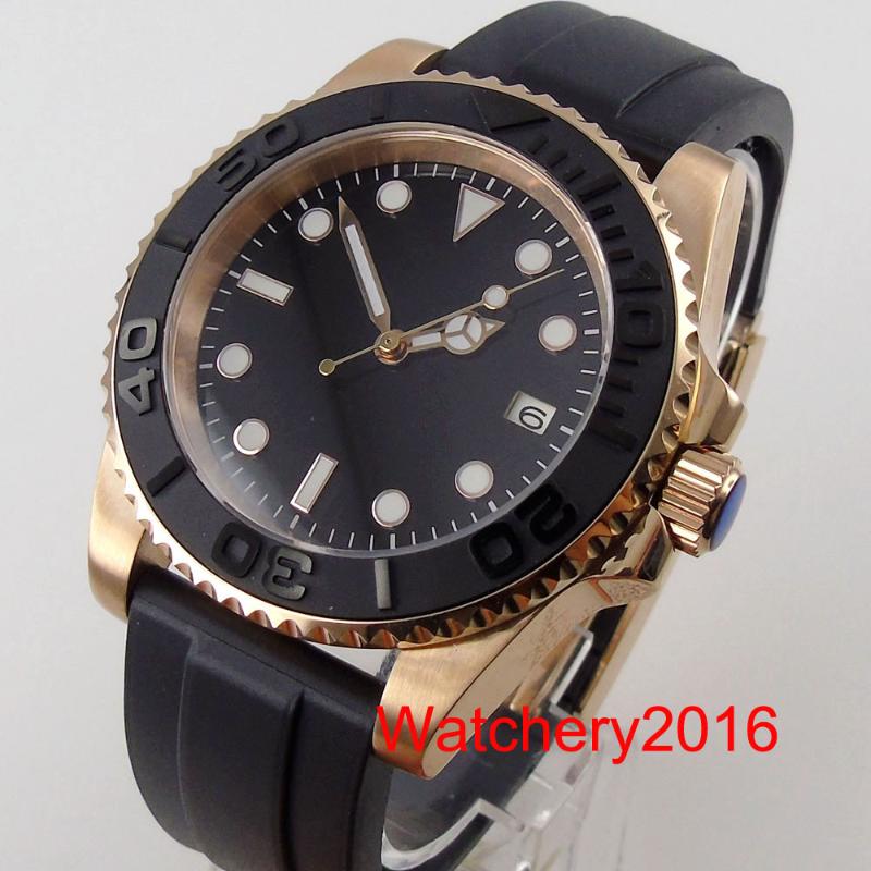 

Wristwatches 40mm Sterile Black YM Brushed Insert Blue Luminous Self Winding Men Watch NH35A MIYOTA 8215 No Magnifier Rubber Strap, Mingzhu 2813