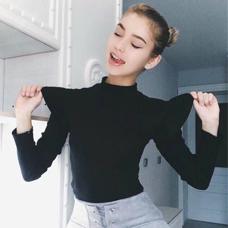 

Paris Girl Fashion O-Neck Knitted Sweater Women Autumn Winter Slim Ruffles Long Sleeve 210524, White